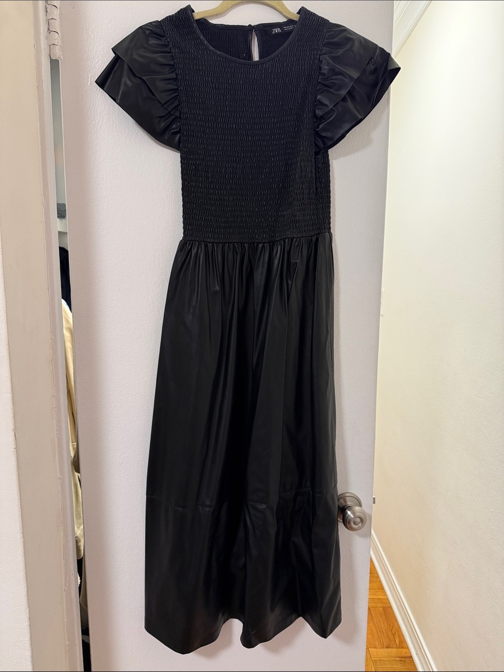 Zara Black Smocked Midi Dress with Ruffle Sleeves